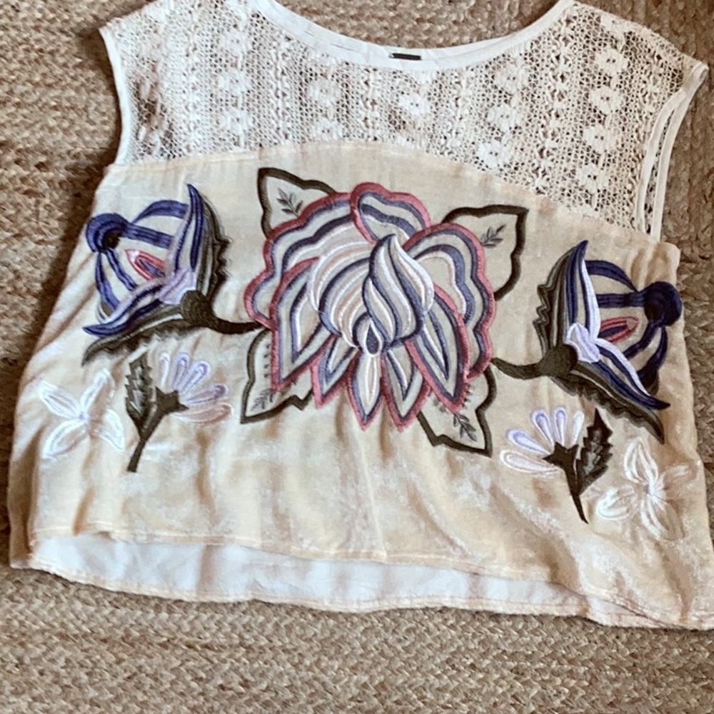 Free People Cream Floral Embroidered Top